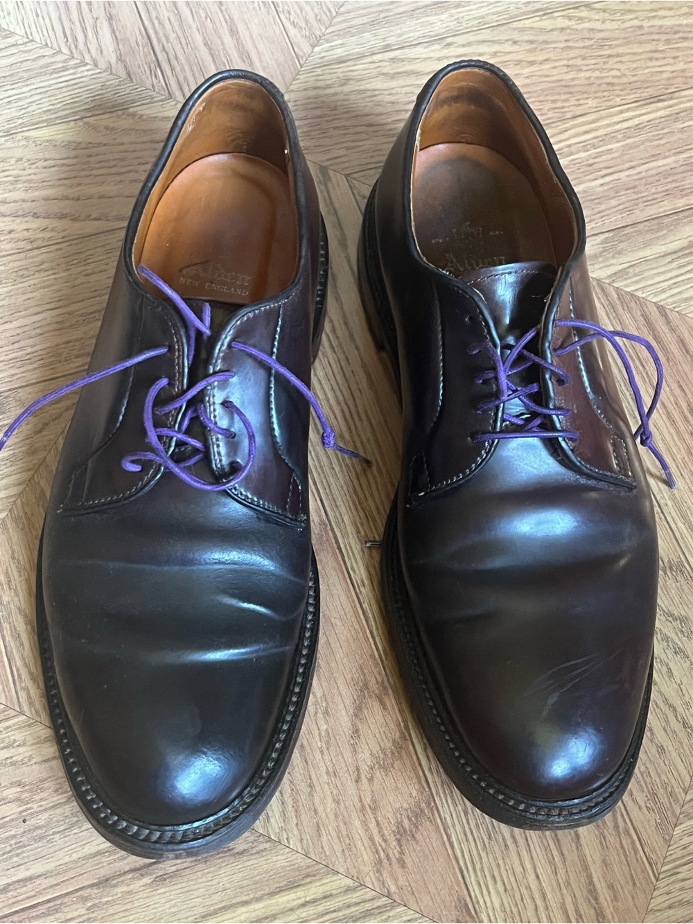 Alden Black Leather Derby Shoes with Purple Laces